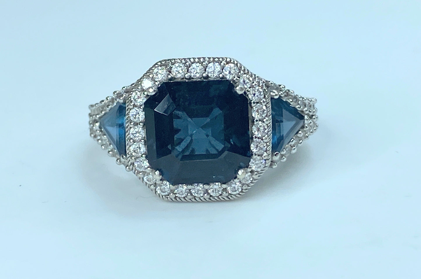 Judith Ripka Sterling Asscher London Blue Topaz Diamonique Ring JR8970