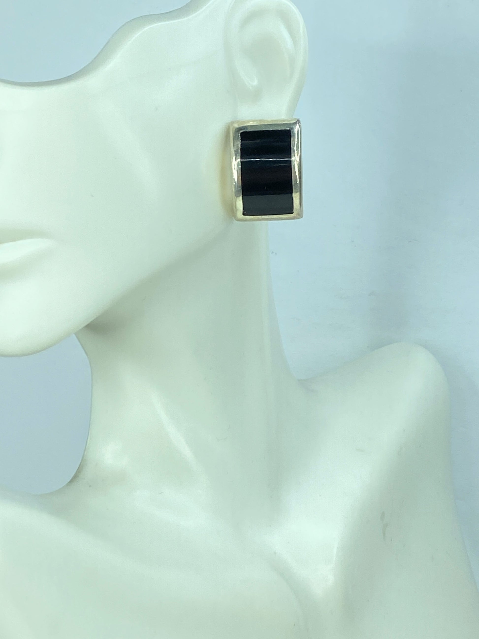 Mexico Black Onyx Inlay Sterling Silver Curved Earrings 14.7g 21.5mm JR645
