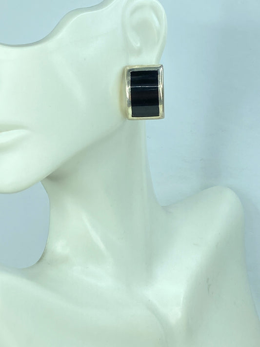 Mexico Black Onyx Inlay Sterling Silver Curved Earrings 14.7g 21.5mm JR645