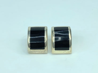 Mexico Black Onyx Inlay Sterling Silver Curved Earrings 14.7g 21.5mm JR645