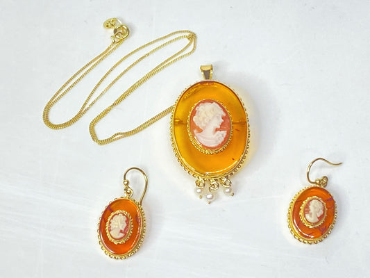 Vintage Cameo Jewelry Set 8K Gold Earrings and Pendant with 14K Necklace JR1121