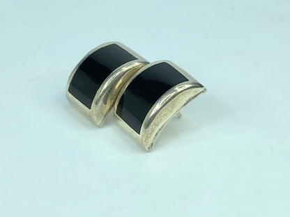 Mexico Black Onyx Inlay Sterling Silver Curved Earrings 14.7g 21.5mm JR645