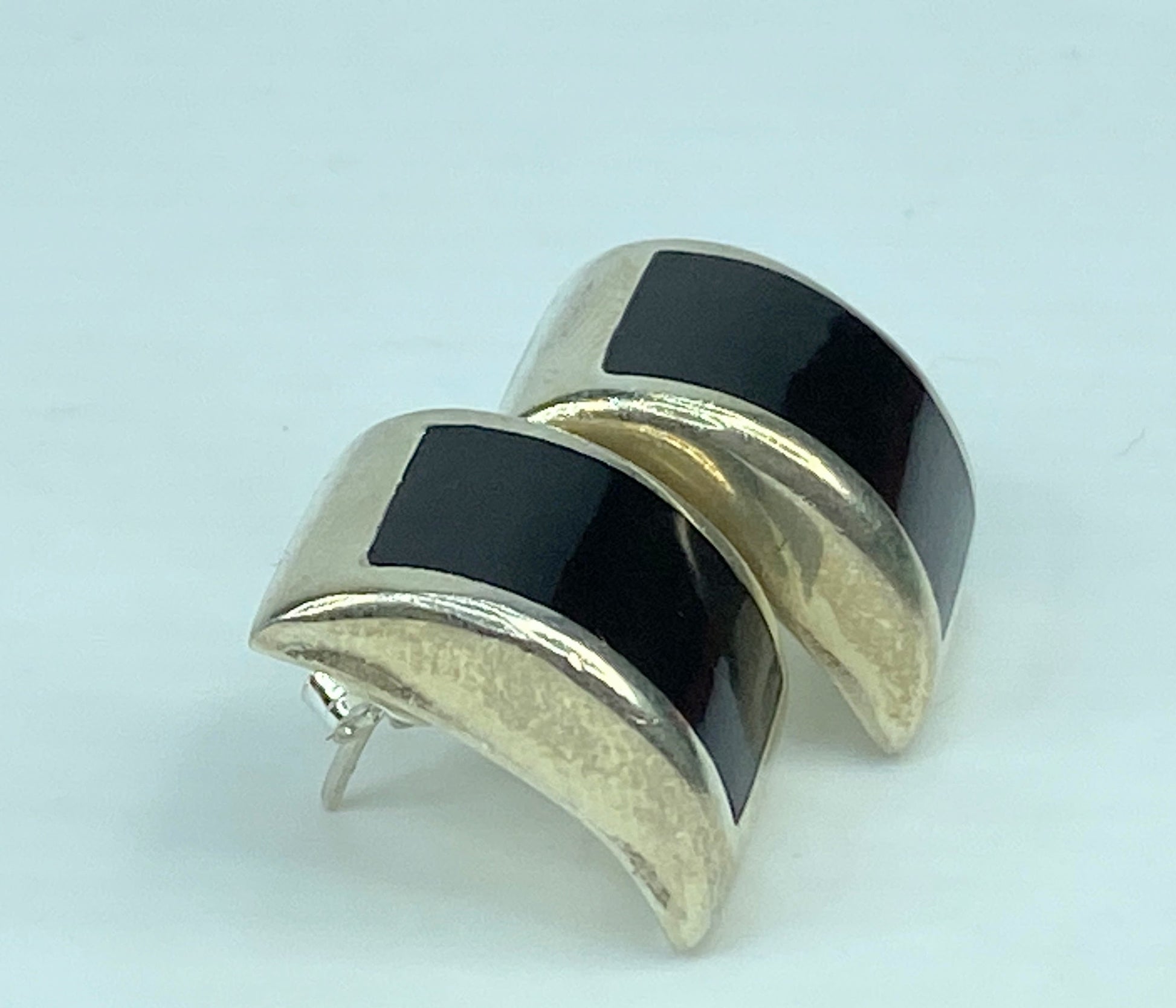 Mexico Black Onyx Inlay Sterling Silver Curved Earrings 14.7g 21.5mm JR645