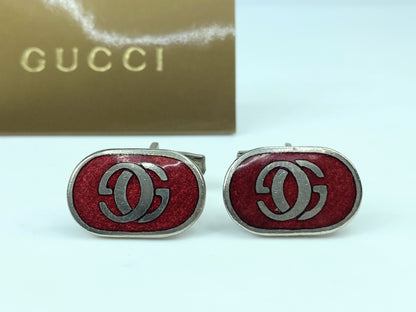 Italy Gucci Interlocking G Logo Silver Red Enamel Oval cufflink GS475