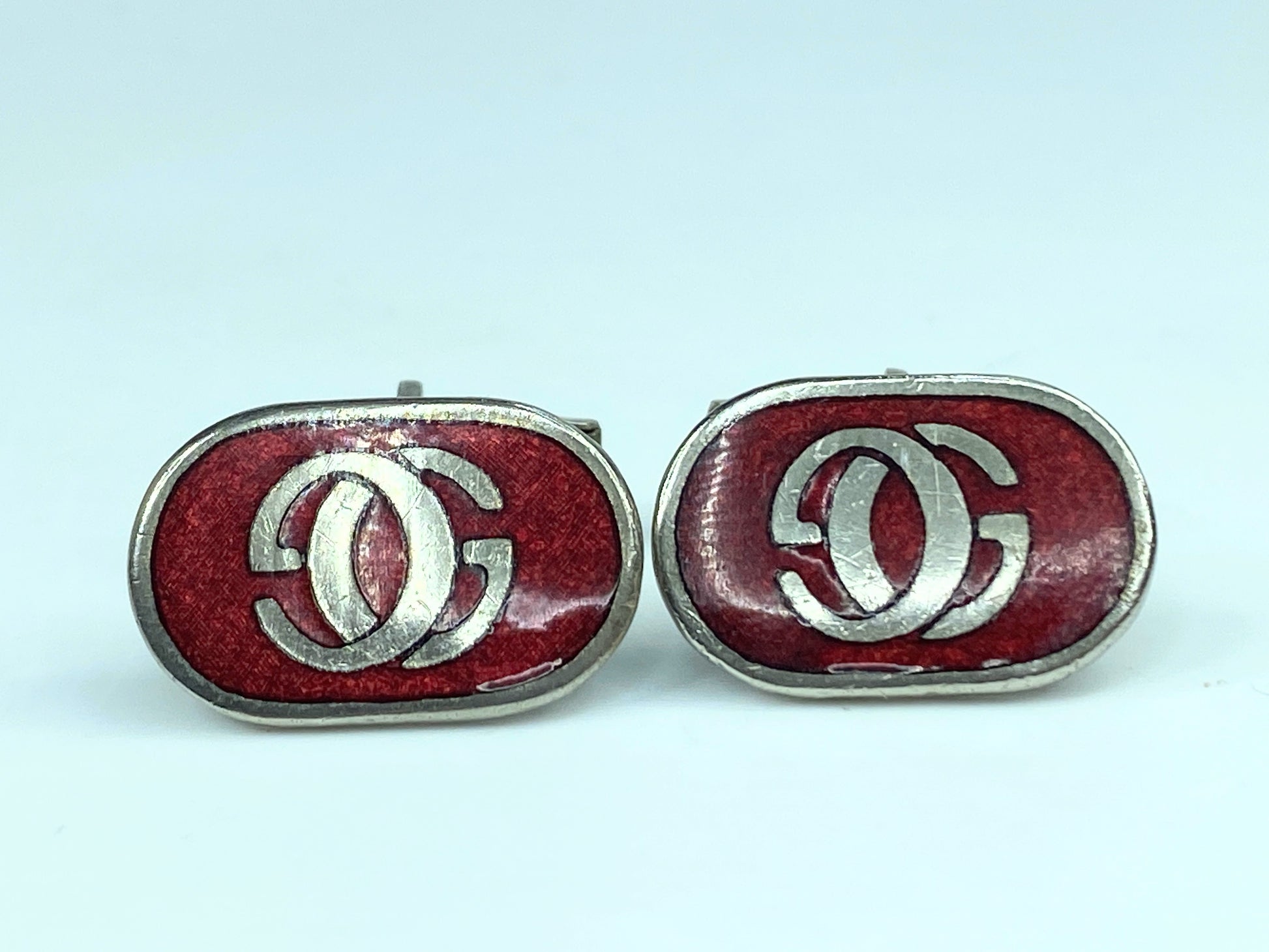 Italy Gucci Interlocking G Logo Silver Red Enamel Oval cufflink GS475