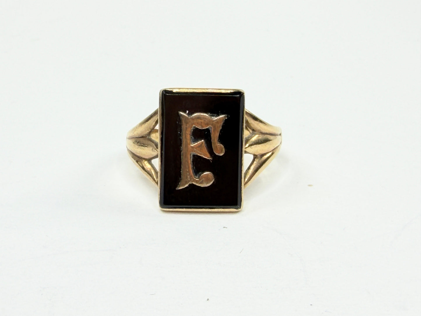 0K Gold Black Onyx Initial E Signet Ring Size 10 Art Deco Style US JR1210
