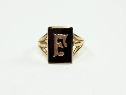0K Gold Black Onyx Initial E Signet Ring Size 10 Art Deco Style US JR1210