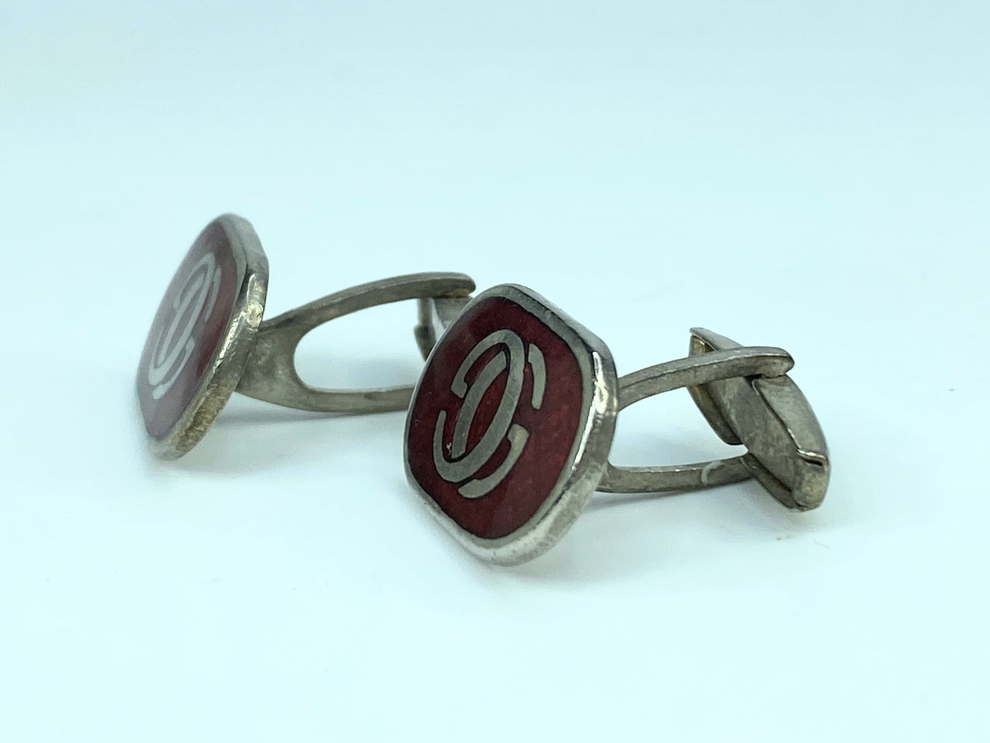 Italy Gucci Interlocking G Logo Silver Red Enamel Oval cufflink GS475