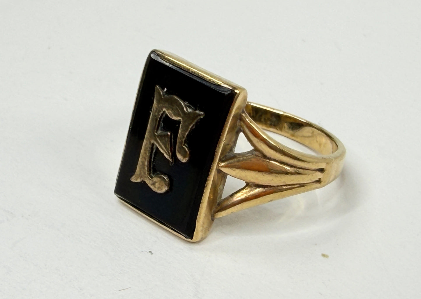 0K Gold Black Onyx Initial E Signet Ring Size 10 Art Deco Style US JR1210