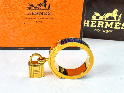 Vintage Hermès Kelly Cadenas Blue Lizard Leather Gold-Plated Scarf Ring GS858