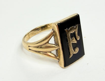 0K Gold Black Onyx Initial E Signet Ring Size 10 Art Deco Style US JR1210