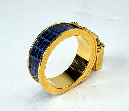 Vintage Hermès Kelly Cadenas Blue Lizard Leather Gold-Plated Scarf Ring GS858