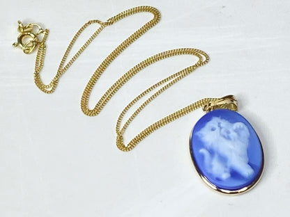 Vintage Blue Kitten cat Cameo Pendant Necklace 14K Gold 3.5g 16" JR1122