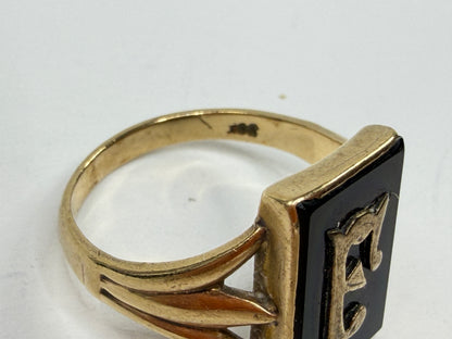 0K Gold Black Onyx Initial E Signet Ring Size 10 Art Deco Style US JR1210