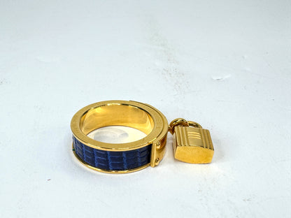 Vintage Hermès Kelly Cadenas Blue Lizard Leather Gold-Plated Scarf Ring GS858