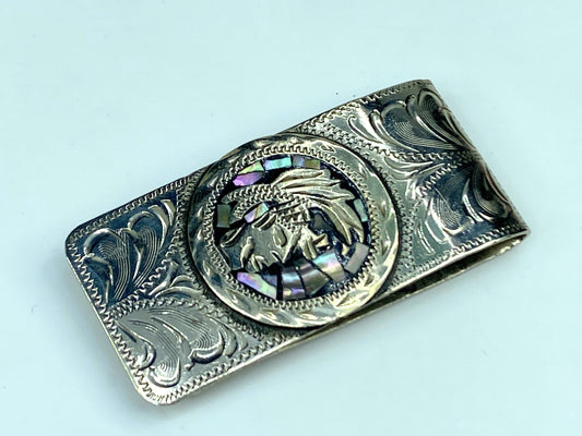 Vintage Alpaca Mexico Silver Abalone Shell MOP Aztec Money Clip 2.5" SS74