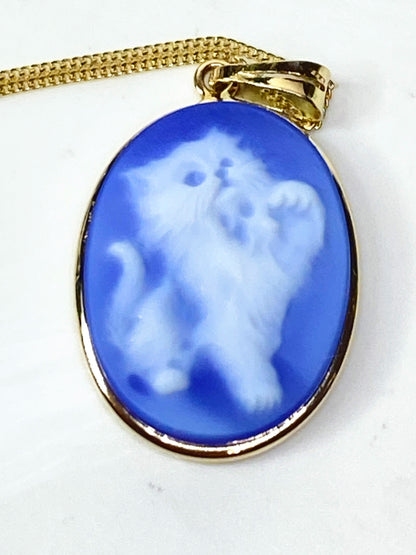 Vintage Blue Kitten cat Cameo Pendant Necklace 14K Gold 3.5g 16" JR1122