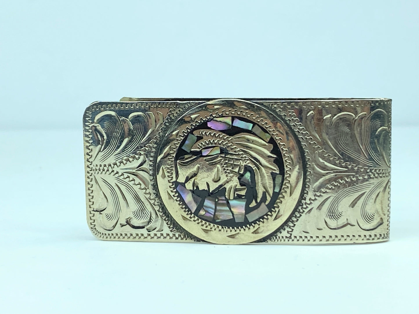 Vintage Alpaca Mexico Silver Abalone Shell MOP Aztec Money Clip 2.5" SS74