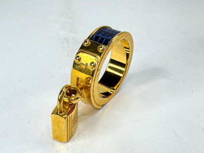 Vintage Hermès Kelly Cadenas Blue Lizard Leather Gold-Plated Scarf Ring GS858