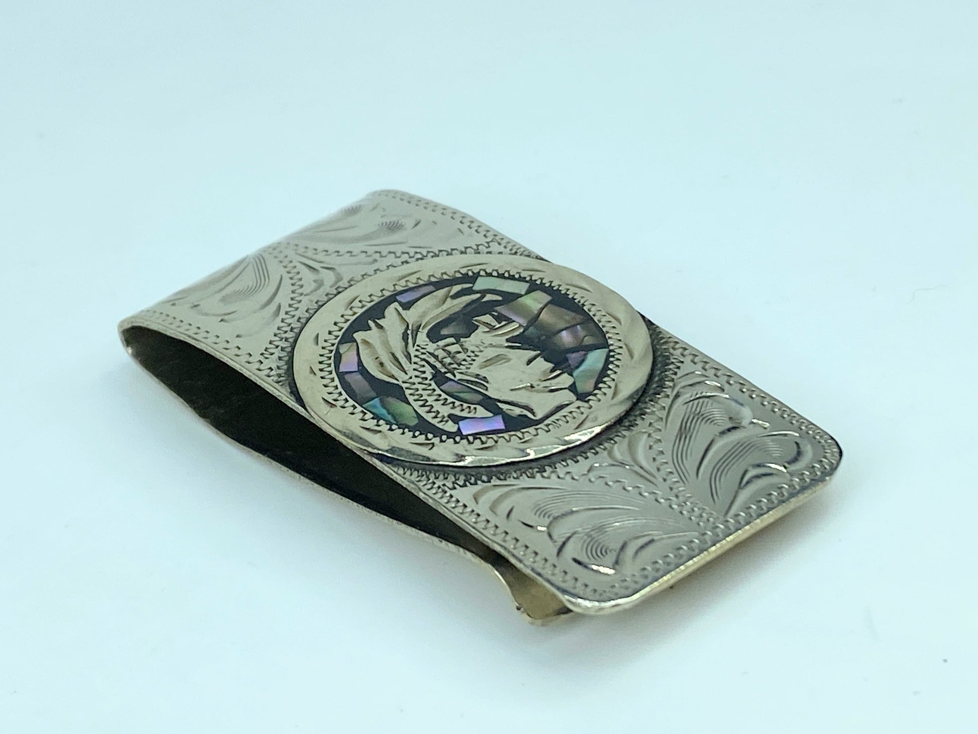 Vintage Alpaca Mexico Silver Abalone Shell MOP Aztec Money Clip 2.5" SS74