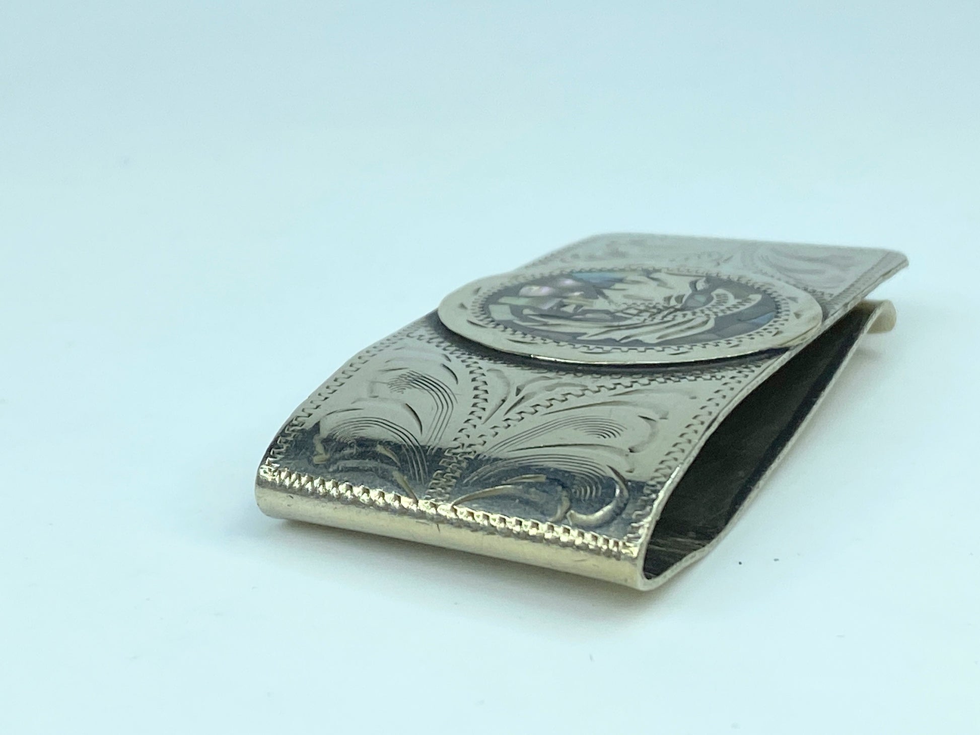 Vintage Alpaca Mexico Silver Abalone Shell MOP Aztec Money Clip 2.5" SS74