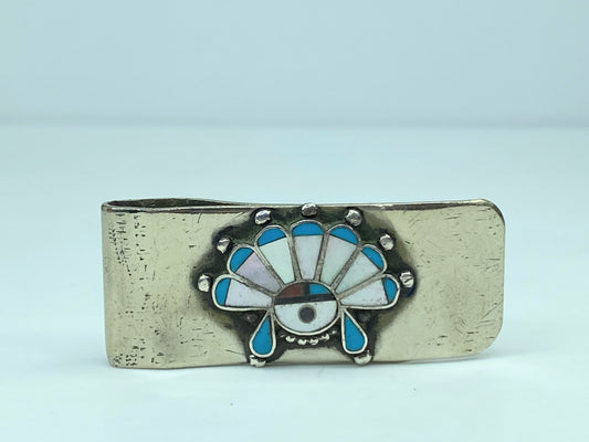 Vintage 1940 Native American Zuni 925 Inlay Multi Stone Money Clip SS75