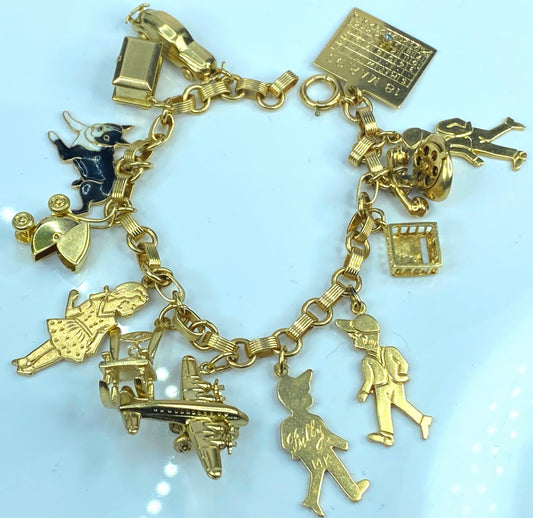 14K gold enamel Mechanical gem charms in fancy charm bracelet