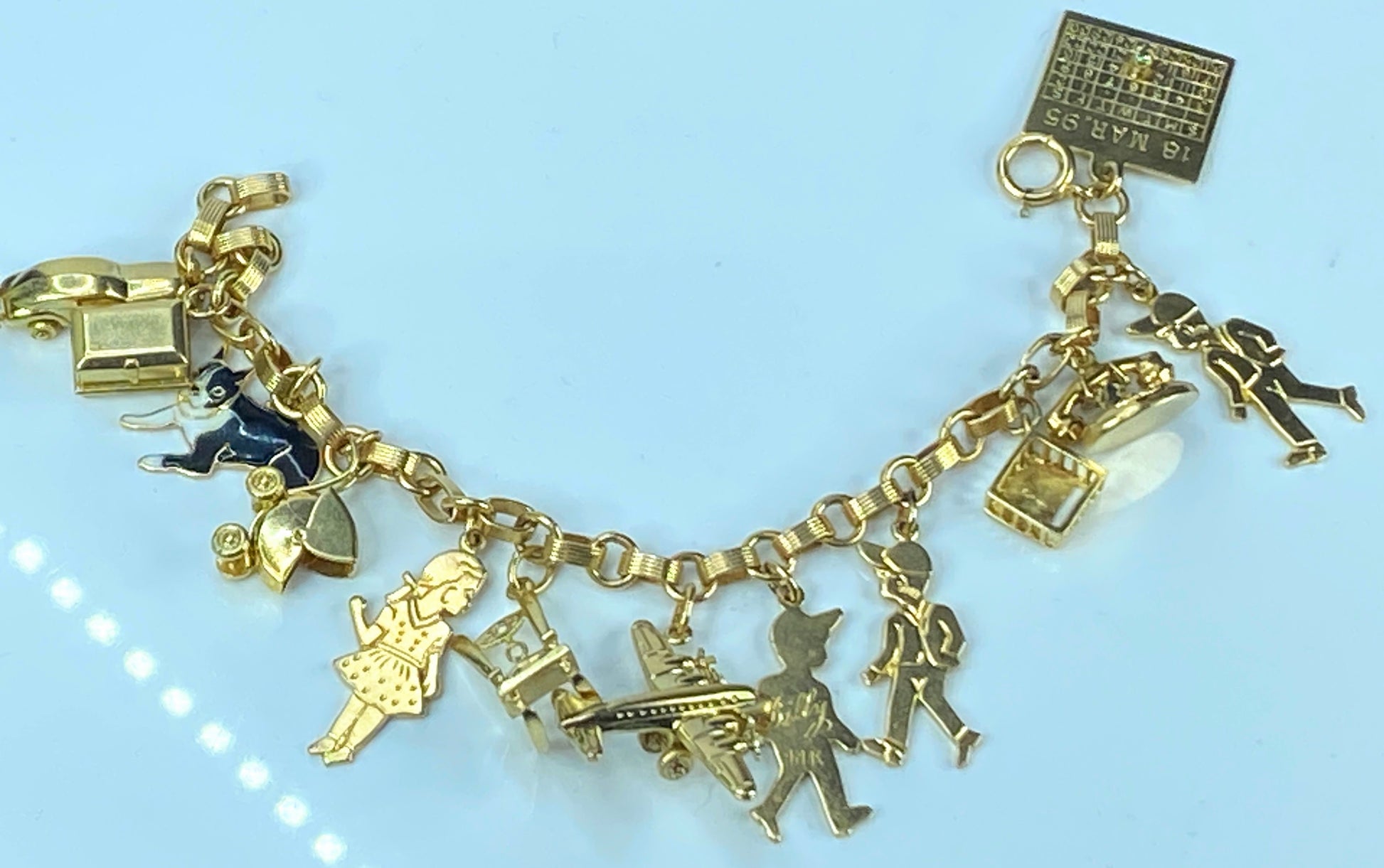 14K gold enamel Mechanical gem charms in fancy charm bracelet
