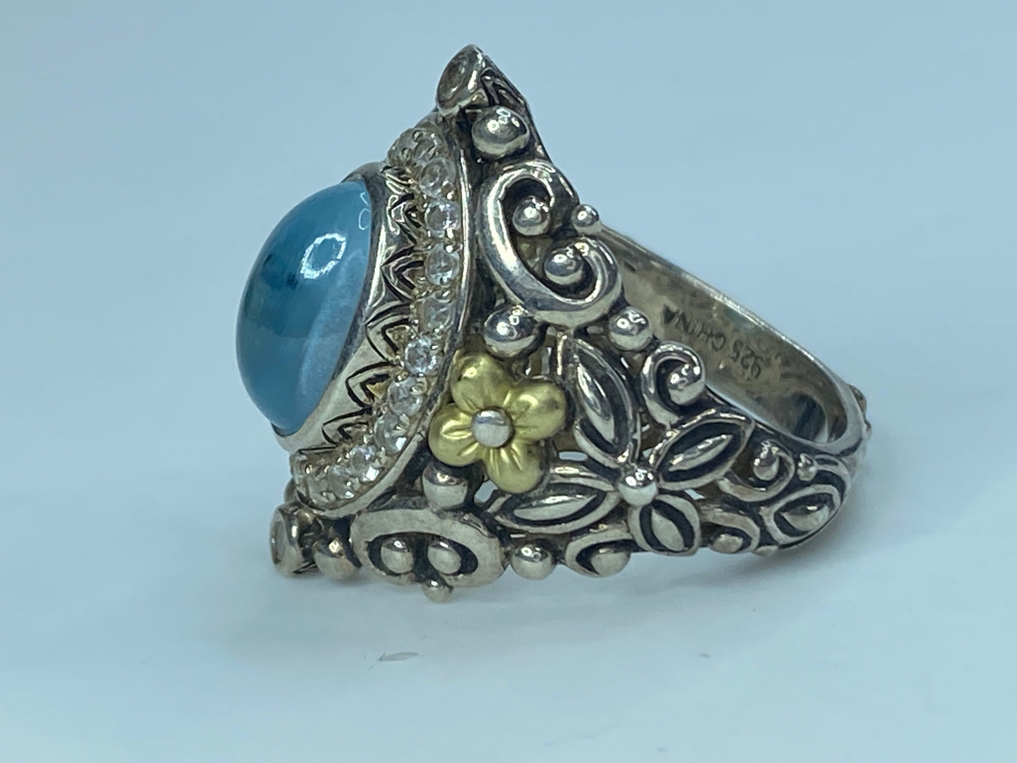 Barbara Bixby Silver & 18K Gold Aquamarine Cabochon Ring