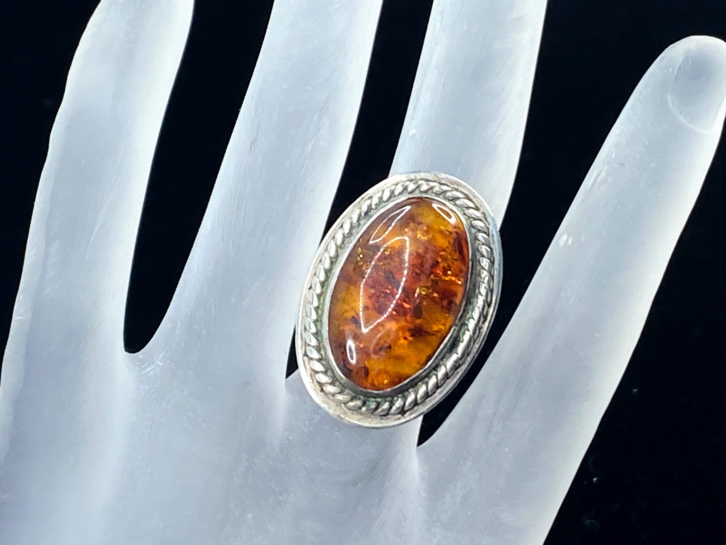 Signed Sterling large organic oval baltic Amber ring JR8979