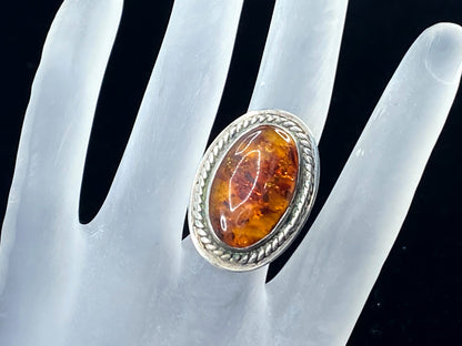 Signed Sterling large organic oval baltic Amber ring JR8979