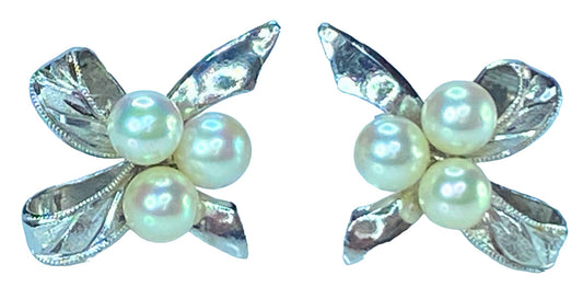 MIKIMOTO 14K/SS 4.5mm Three Akoya Pearls Ribbon bow stud earrings