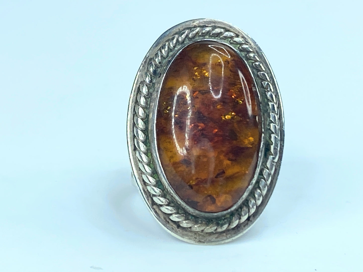 Signed Sterling large organic oval baltic Amber ring JR8979