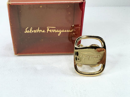 Vintage Salvatore Ferragamo Gold Tone Logo Scarf Ring Original Box GS864