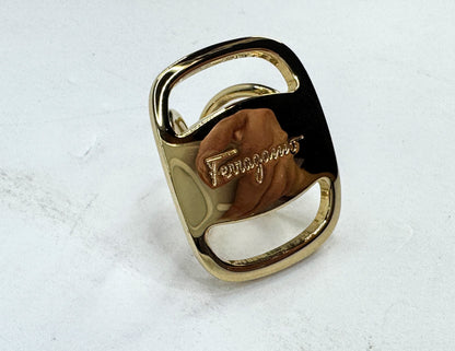 Vintage Salvatore Ferragamo Gold Tone Logo Scarf Ring Original Box GS864