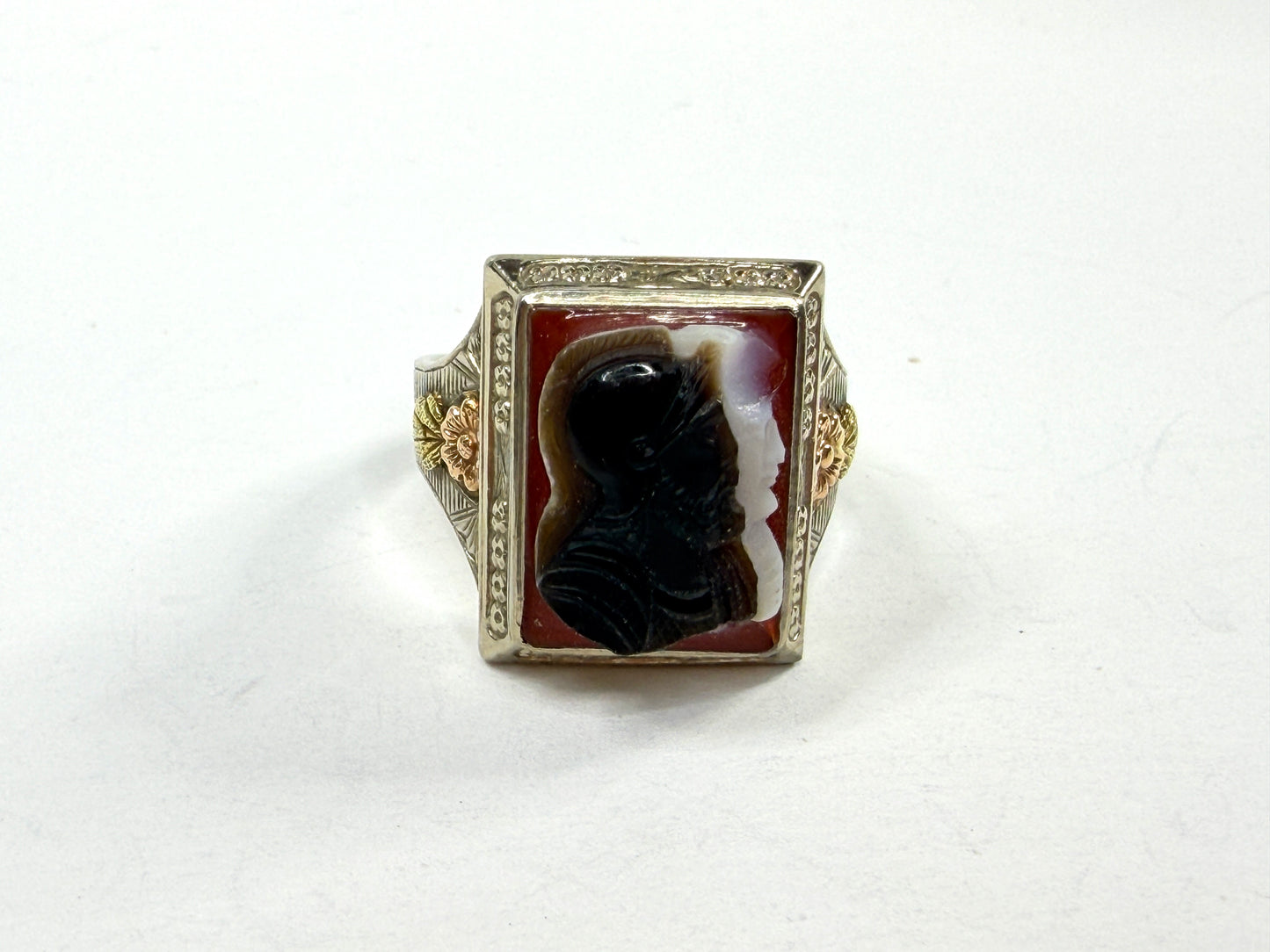 14K Tri-Tone Gold Double Carved Onyx Soldier Cameo Men's Large ring s11 JR1217
