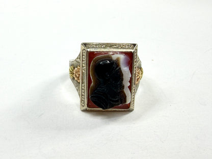 14K Tri-Tone Gold Double Carved Onyx Soldier Cameo Men's Large ring s11 JR1217