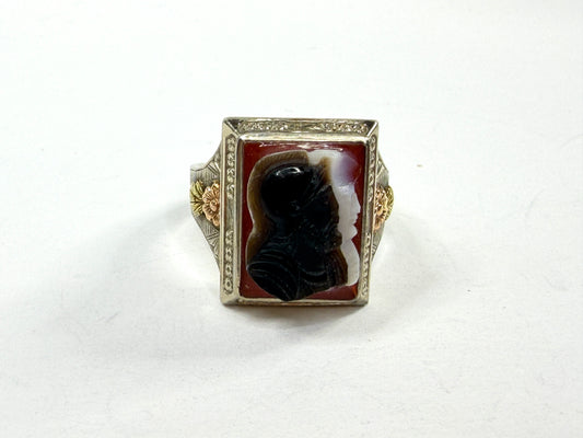 14K Tri-Tone Gold Double Carved Onyx Soldier Cameo Men's Large ring s11 JR1217