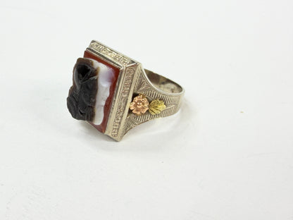 14K Tri-Tone Gold Double Carved Onyx Soldier Cameo Men's Large ring s11 JR1217