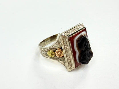 14K Tri-Tone Gold Double Carved Onyx Soldier Cameo Men's Large ring s11 JR1217