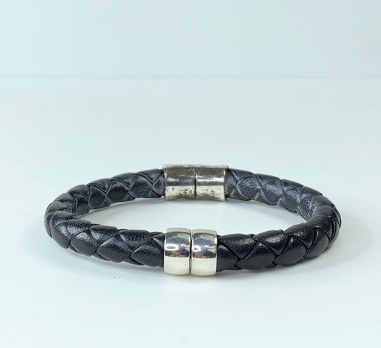 Bottega Veneta Intrecciato bangle in black leather in sterling silver 6.5" GS293