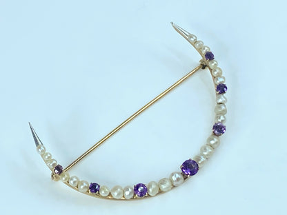 Edwardian Amethyst & Pearl Crescent Moon Brooch JR6890