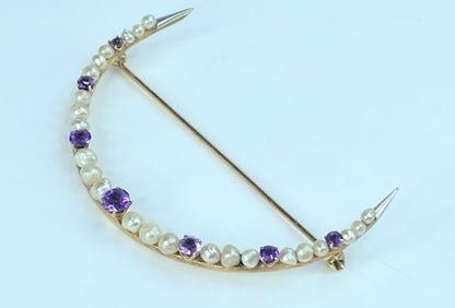 Edwardian Amethyst & Pearl Crescent Moon Brooch JR6890