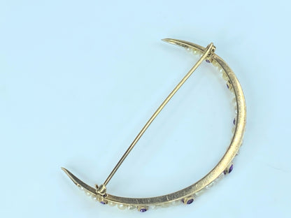 Edwardian Amethyst & Pearl Crescent Moon Brooch JR6890