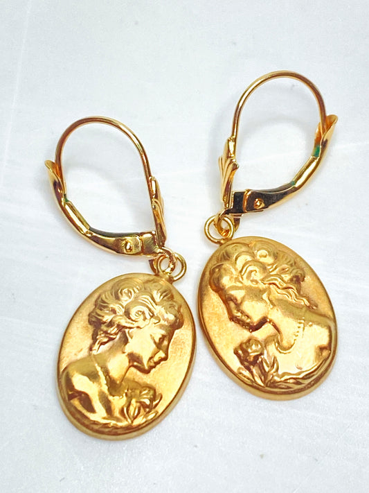 14K yellow Gold Cameo Drop Earrings Victorian Revival JR1131