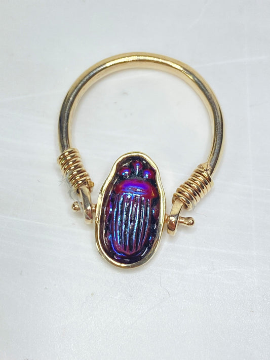 14K Yellow Gold Ring Vintage Tiffany Favrile Cobalt Blue Glass Scarab Cab JR1133