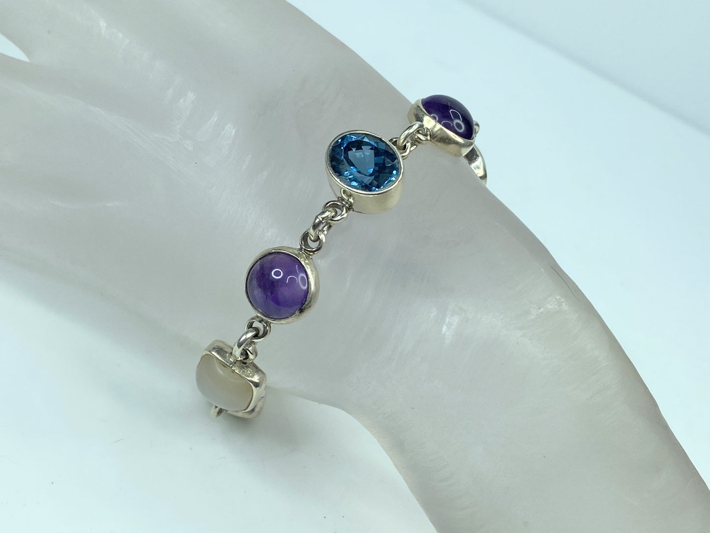 Obsidian Sterling silver Multiple colorful Gemstone bezel bracelet 8" JR646