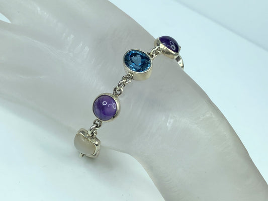 Obsidian Sterling silver Multiple colorful Gemstone bezel bracelet 8" JR646