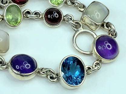 Obsidian Sterling silver Multiple colorful Gemstone bezel bracelet 8" JR646