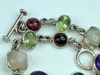 Obsidian Sterling silver Multiple colorful Gemstone bezel bracelet 8" JR646
